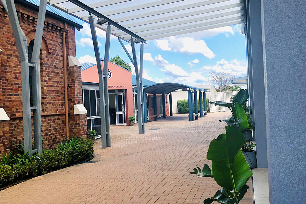 Courtyard between the hall and church office